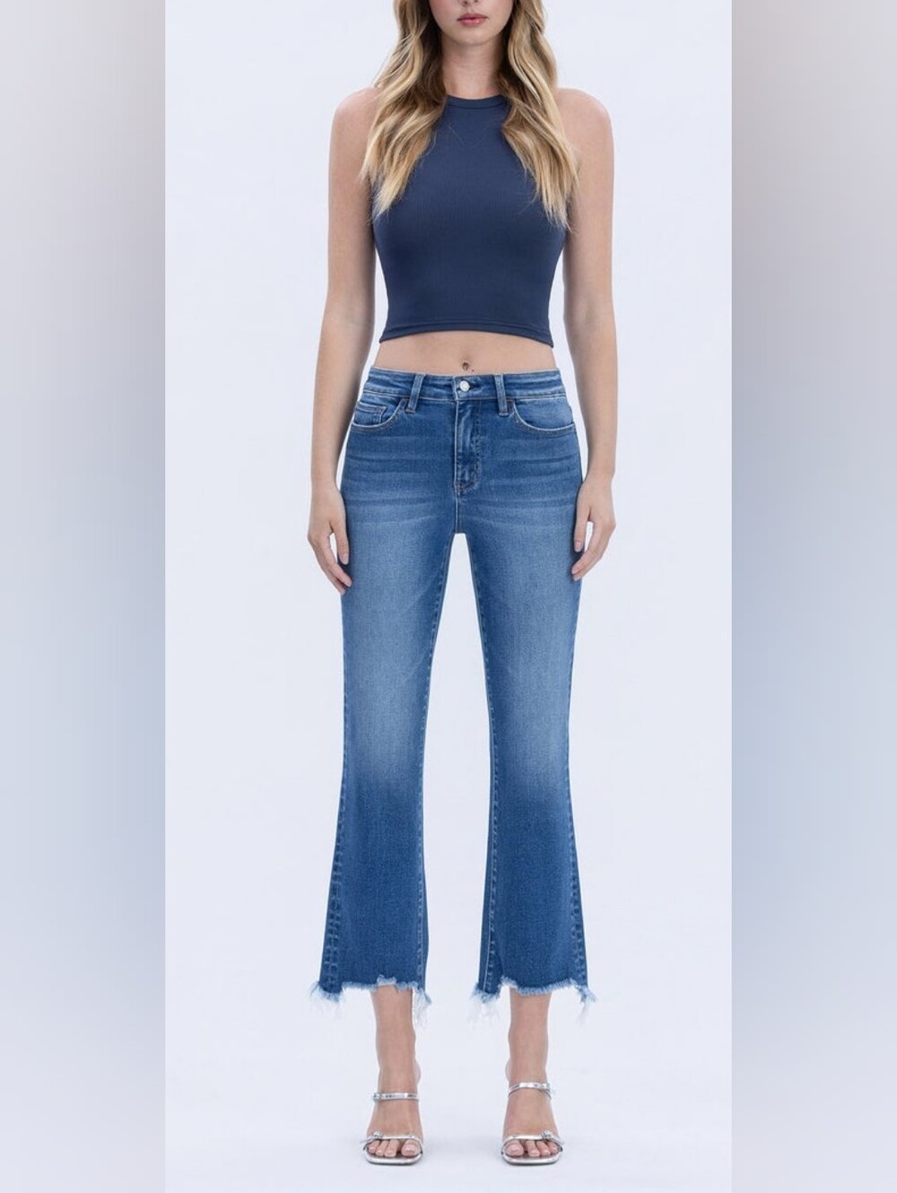 Flying Monkey Mid Blue High-Rise Cropped Flare Jeans Lightly Distressed